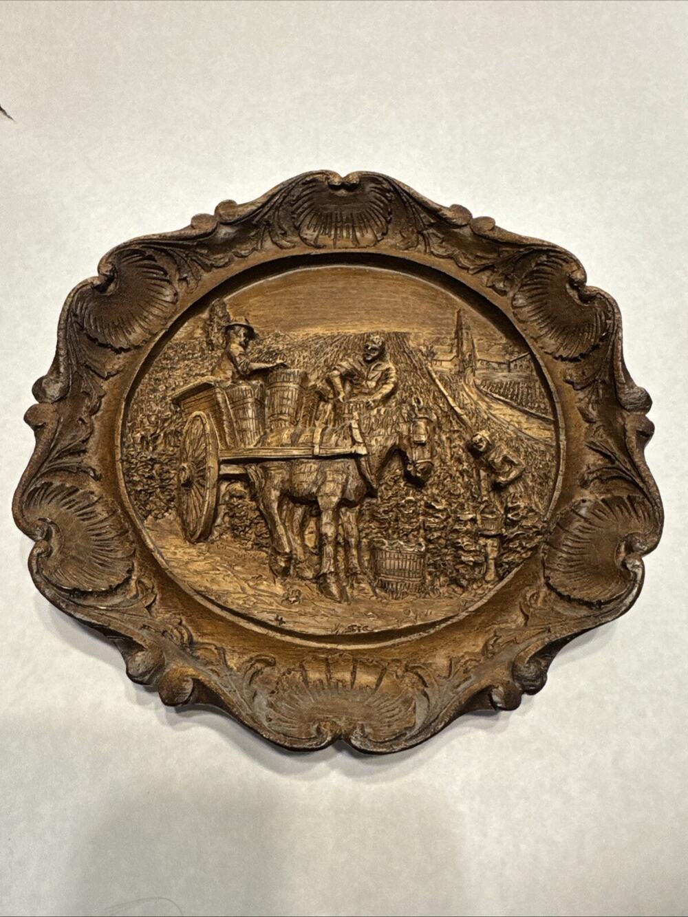 Carved 3D Plaque Plate Wood Wall Decor 7” Vtg Plow Horse & Carriage Field Gather